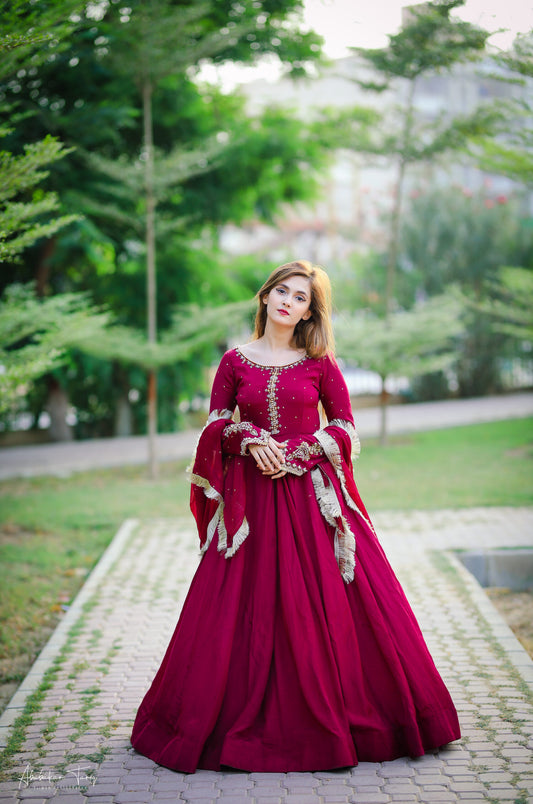 EMBELLISHED LONG FLARED ANARKALI SET WITH DUPATTA AND PAJAMA