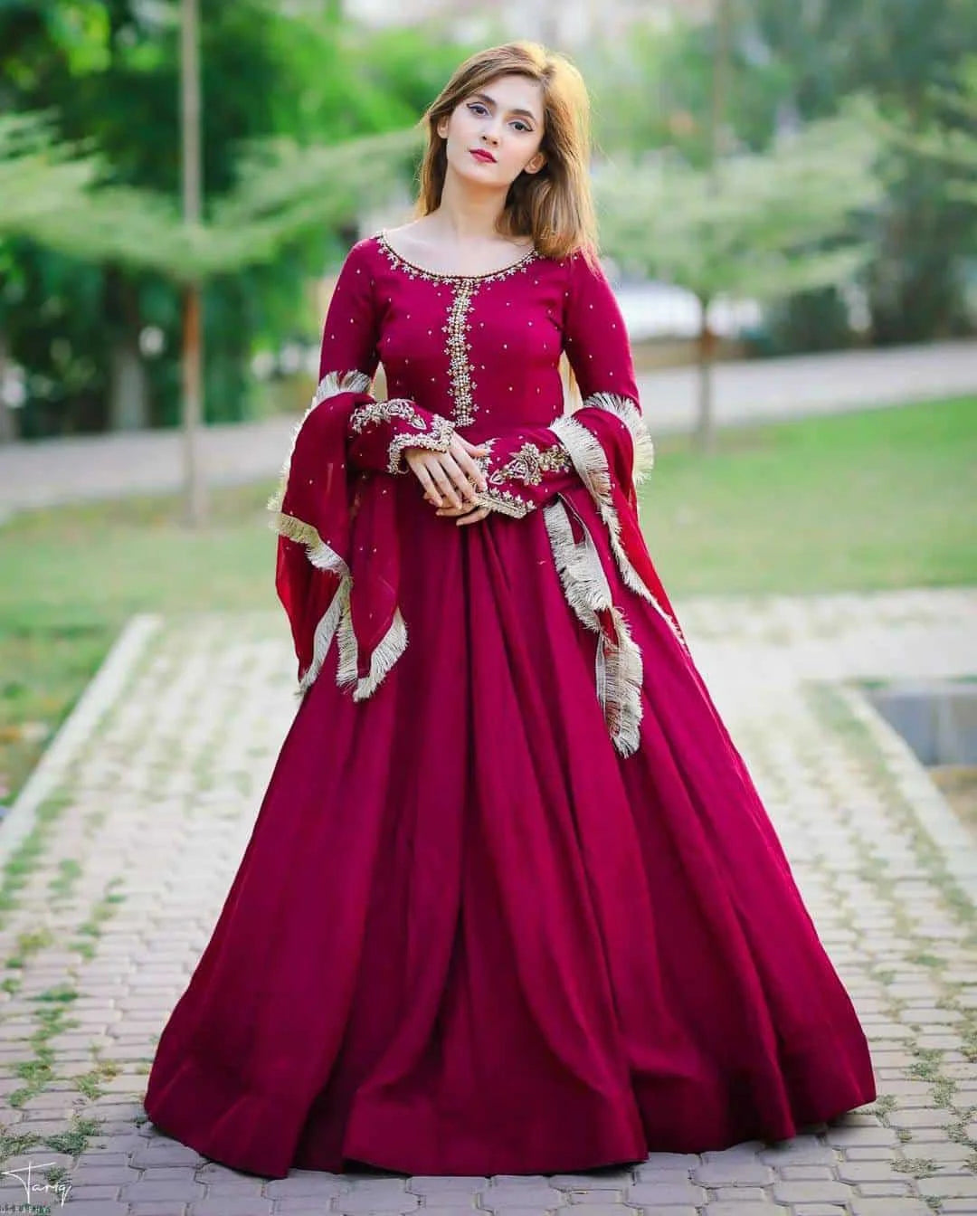 EMBELLISHED LONG FLARED ANARKALI SET WITH DUPATTA AND PAJAMA