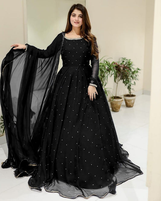 Stunning Pearls & Lace Work Party Wear Maxi 3-Piece